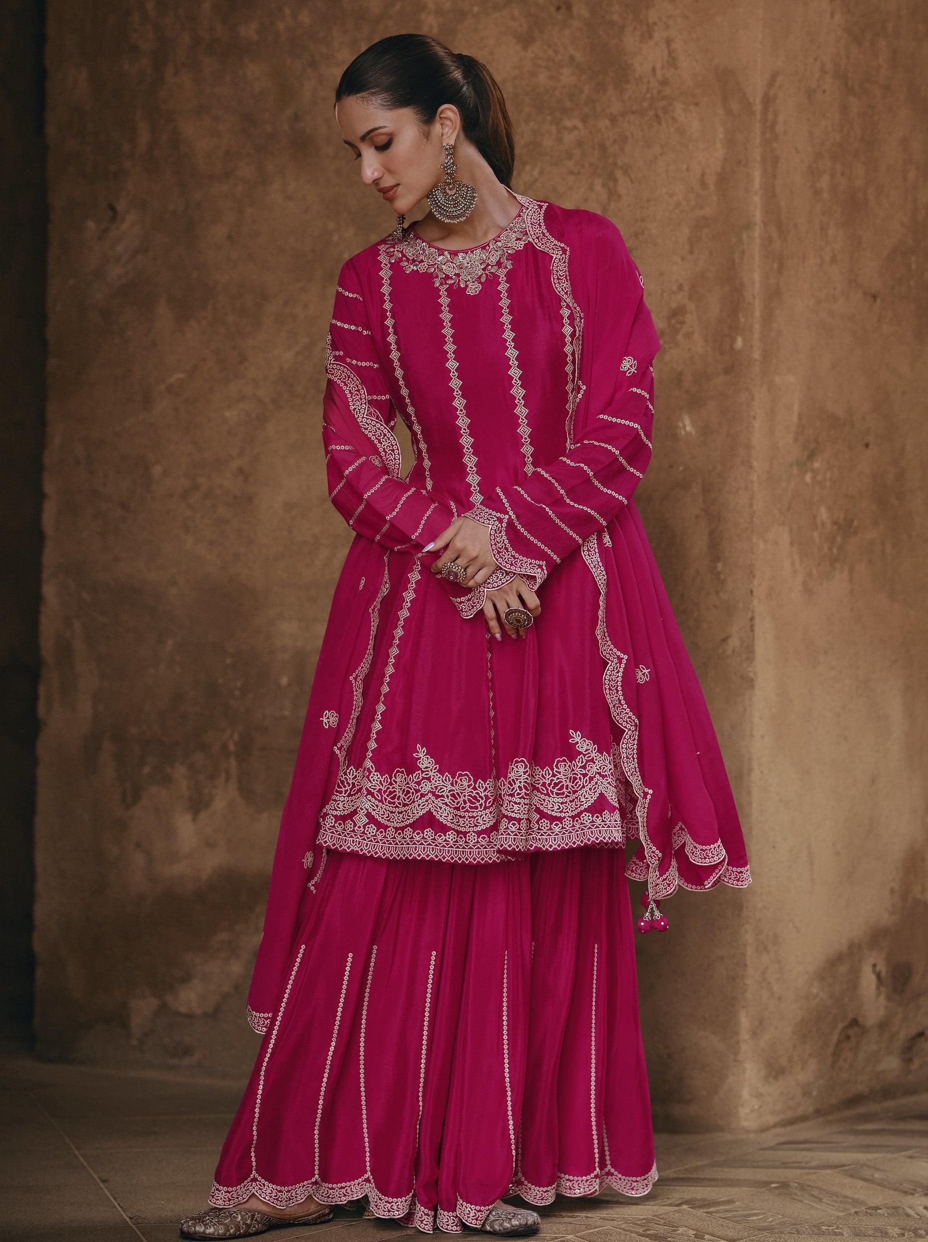 All Occasion Wear Pink Silk Sharara Suit For Sangeet Party