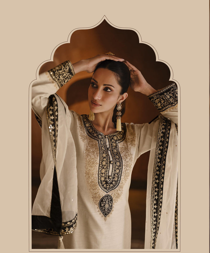 Evening Partywear Ivory Silk Designer Pants Kurta Suit - Fashion Nation