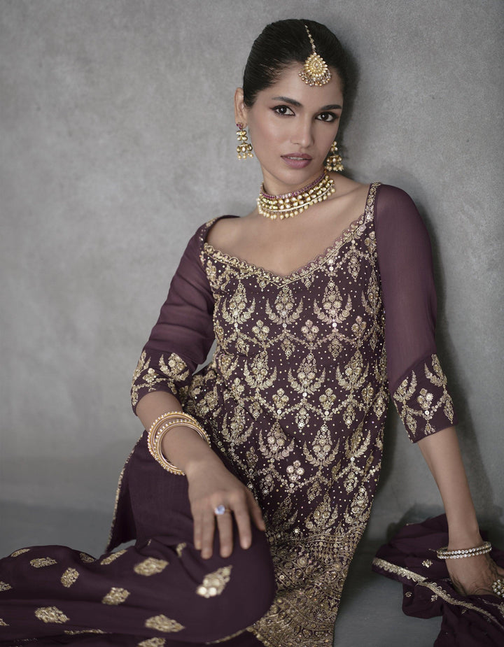 Designer Violet Georgette Sharara Suit for Weddings - Fashion Nation