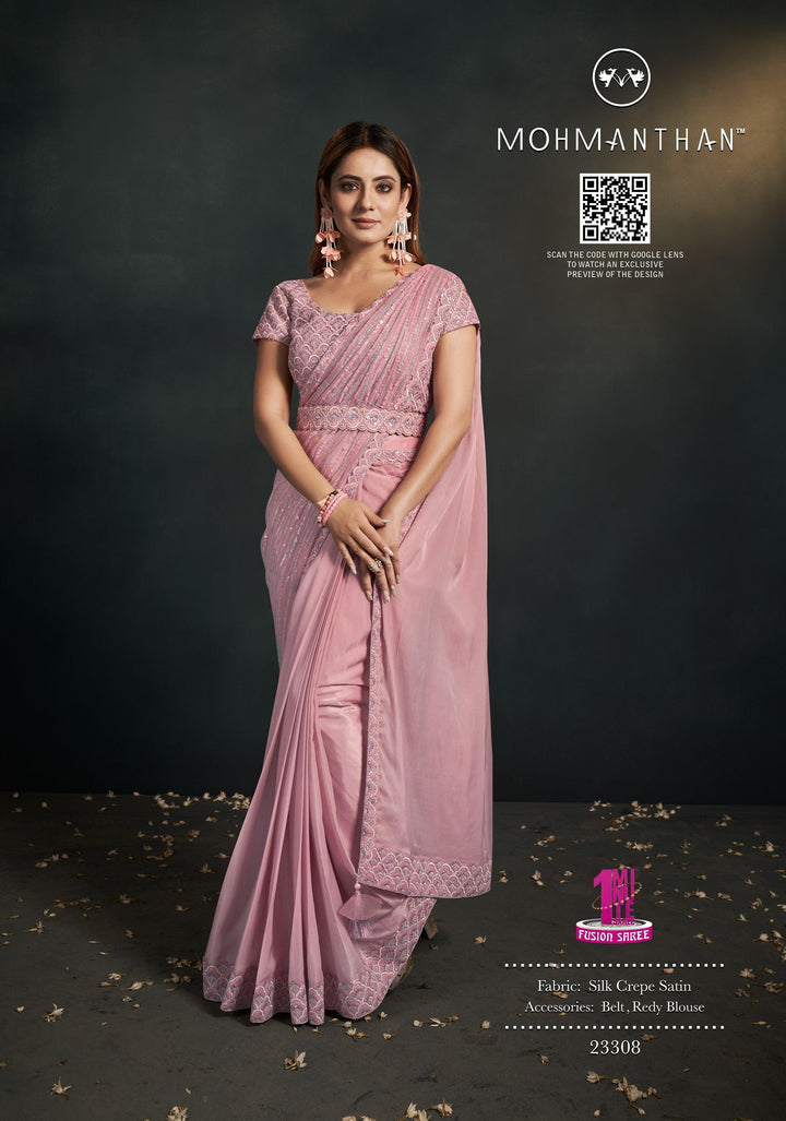 Marriage Wear Peach Crepe Fusion Saree with Belt - Fashion Nation