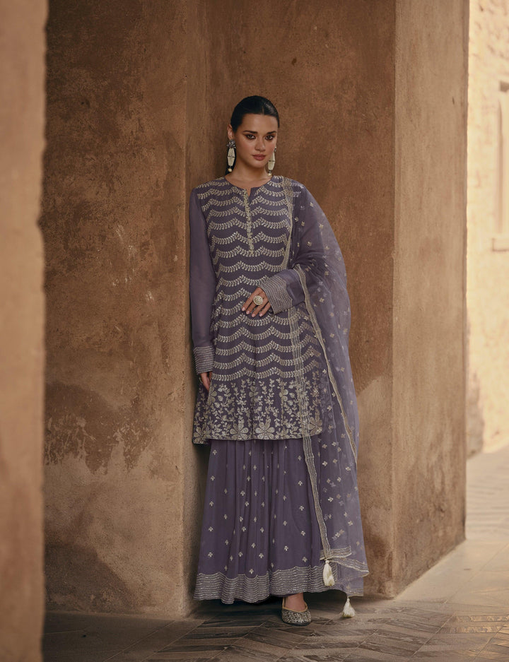 Designer Lavender Georgette Sagaai Function Wear Sharara Suit - Fashion Nation