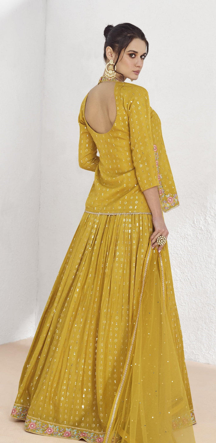 Yellow Georgette Indo Western Long Skirt Top Set For Haldi Partywear - Fashion Nation