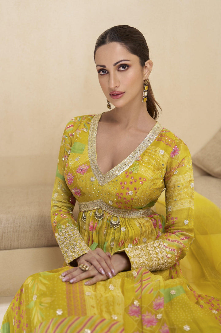 Yellow Haldi Party Ready-to-Wear Georgette Indo Western Anarkali Gown - Fashion Nation