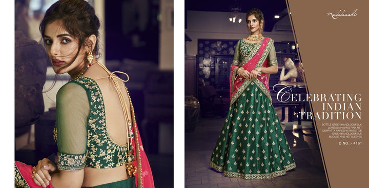 Bright Nakkashi NAK4161 Bridal Green Handloom Silk Pink Net Lehenga Choli - Fashion Nation