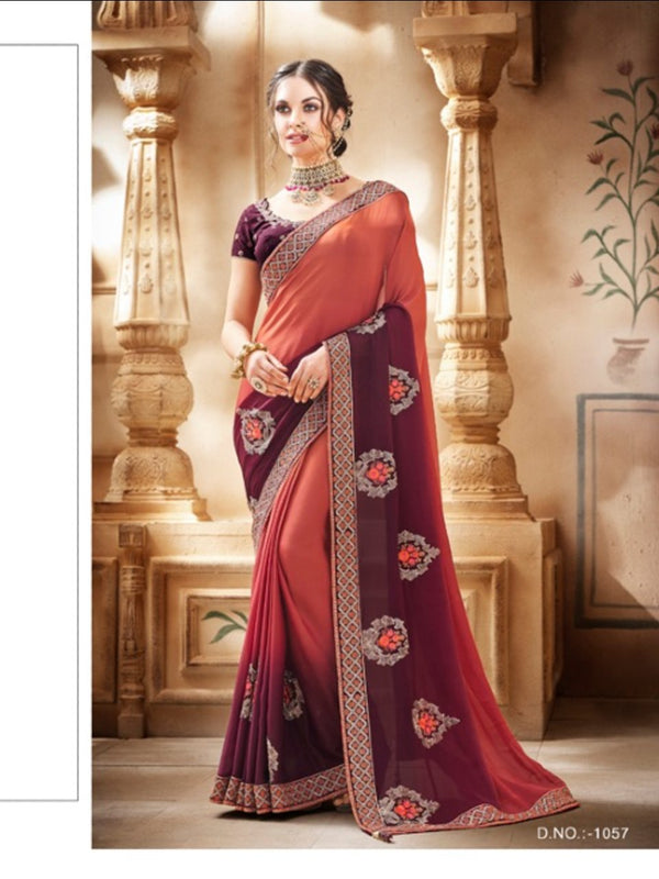 Ethereal Nakkashi NAK1057 Designer Shaded Burgundy Satin Georgette Silk Saree - Fashion Nation