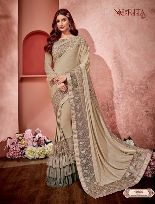 Fantastic MAH10807 Cocktail Wear Beige Grey Weaving Silk Lycra Net Ruffled Saree - Fashion Nation