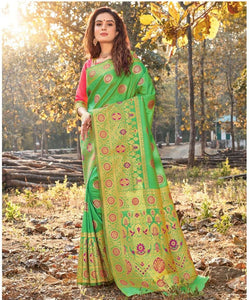 Indian Fashion Green Weaving Silk Classy Saree with Blouse by Fashion Nation