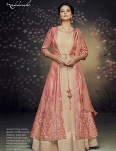 Indo Western NAK3077 Nakkashi Latest Rust Satin Silk Beige Net Anarkali Gown with Jacket - Fashion Nation