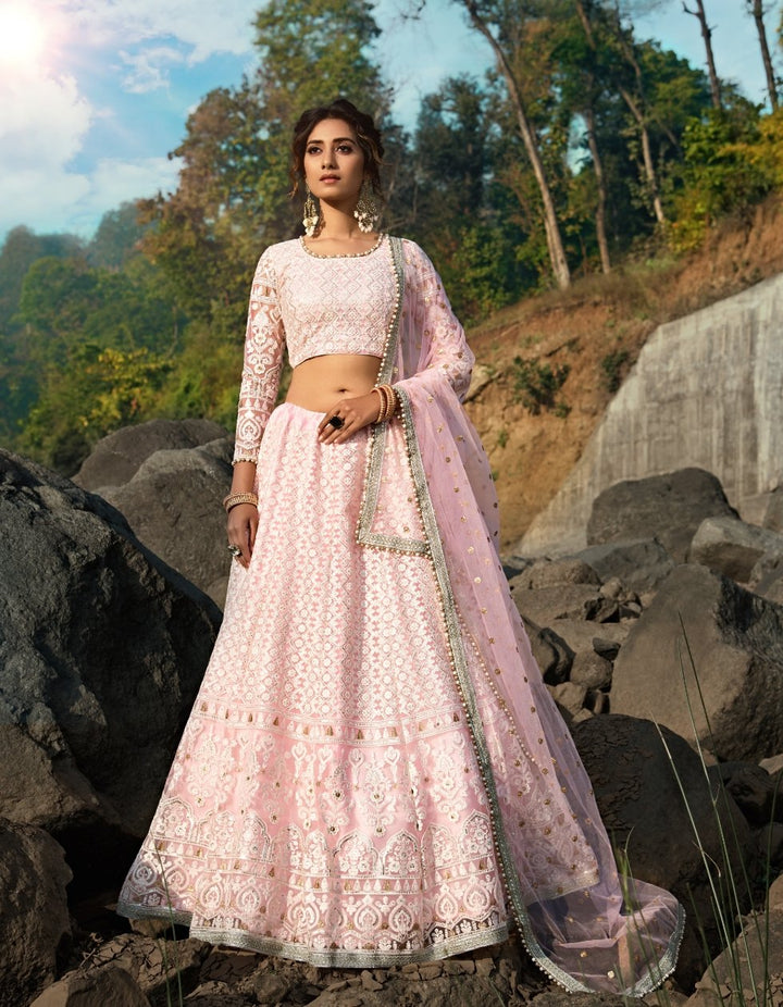Party Wear Designer Pink Net Lucknowi Lehenga - Fashion Nation