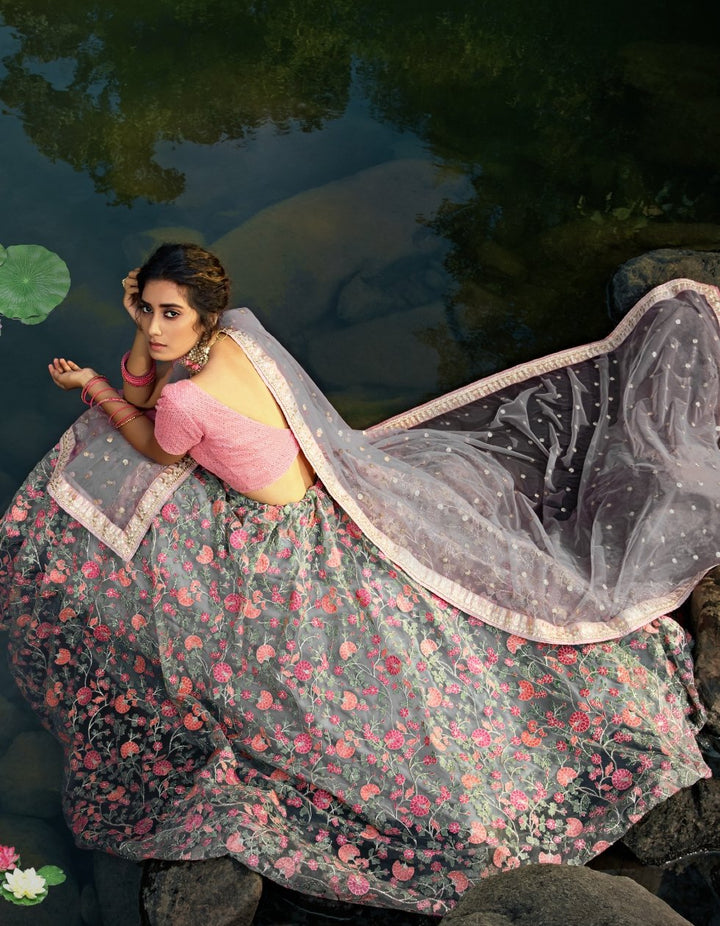 Indian Attire AD3604 Designer Grey Pink Net Lehenga Choli - Fashion Nation
