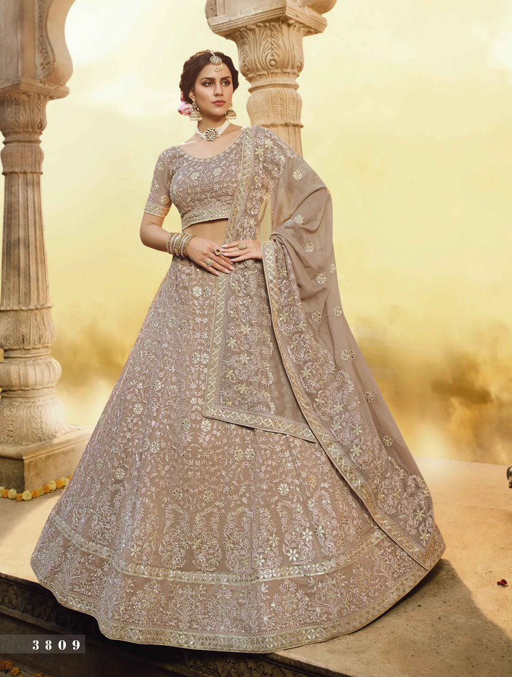 Party Wear Light Brown Georgette Embroidered Lehenga Choli - Fashion Nation