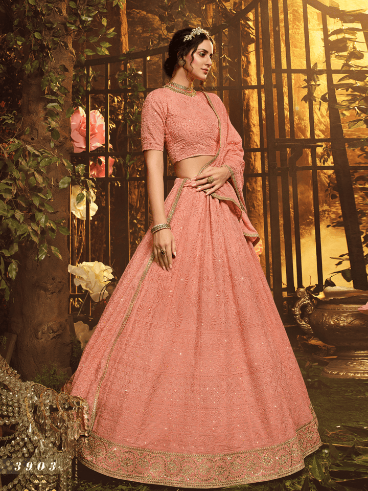 Party Wear Peach Georgette Lehenga Choli - Fashion Nation