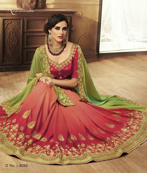 Classy NAK4092 Nakkashi Olive Green Satin Linen Shaded Red Silk Saree - Fashion Nation