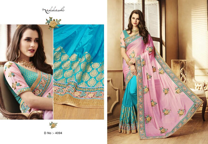 Festive NAK4094 Nakkashi Pink Silk Georgette Blue Silk Jacquard Saree - Fashion Nation