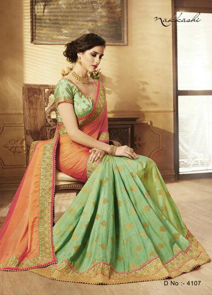 Sizzling NAK4107 Nakkashi Shaded Rani Pink Georgette Green Silk Jacquard Saree - Fashion Nation