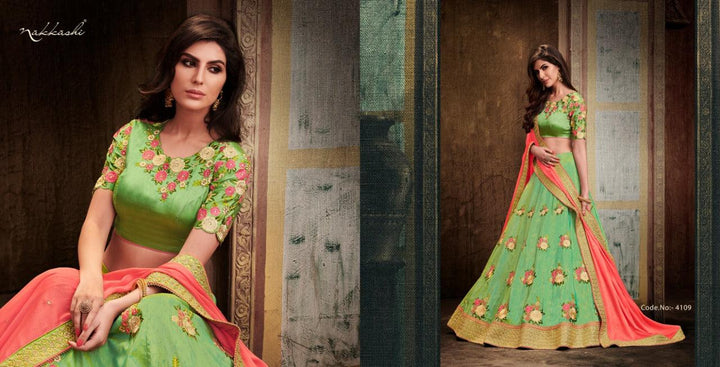 Fresh NAK4109 Bridal Pink Liril Green Handloom Silk Chiffon Lehenga Choli - Fashion Nation