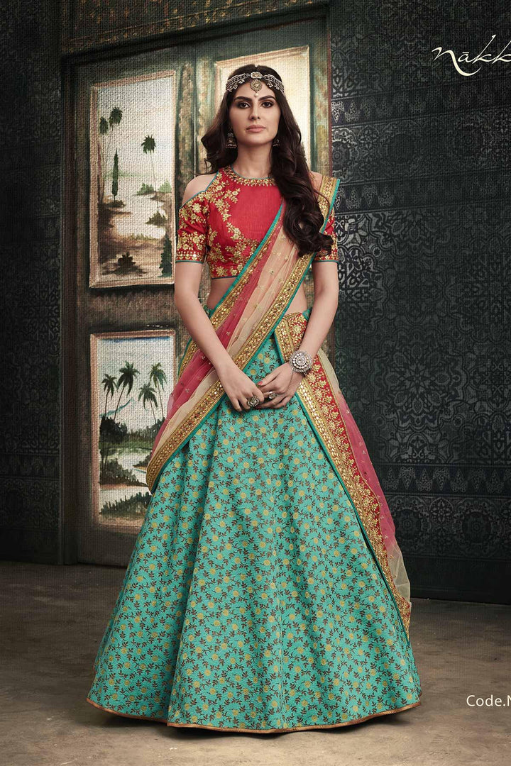 Great NAK4113 Bridal Rama Green Shaded Red Jacquard Silk Net Lehenga Choli - Fashion Nation