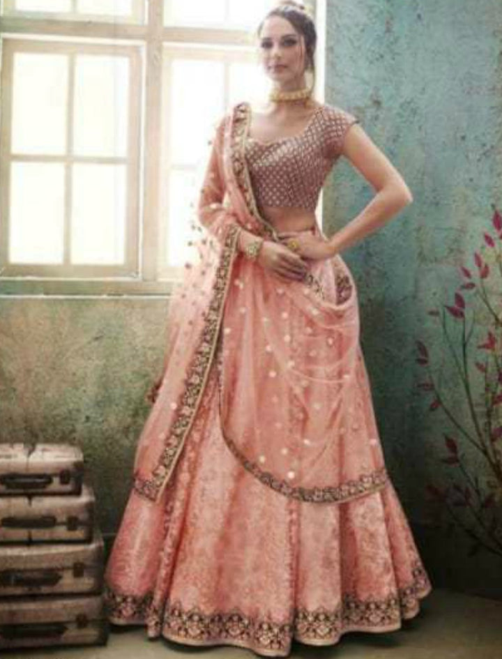 Dainty Nakkashi NAK4148 Bridal Beige Peach Satin Silk Net Lehenga Choli - Fashion Nation