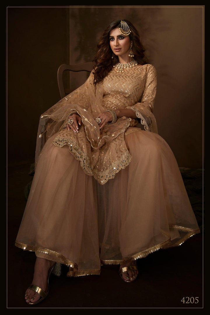 Shaadi Special Beige Net Bridal Wear Sharara Suit - Fashion Nation