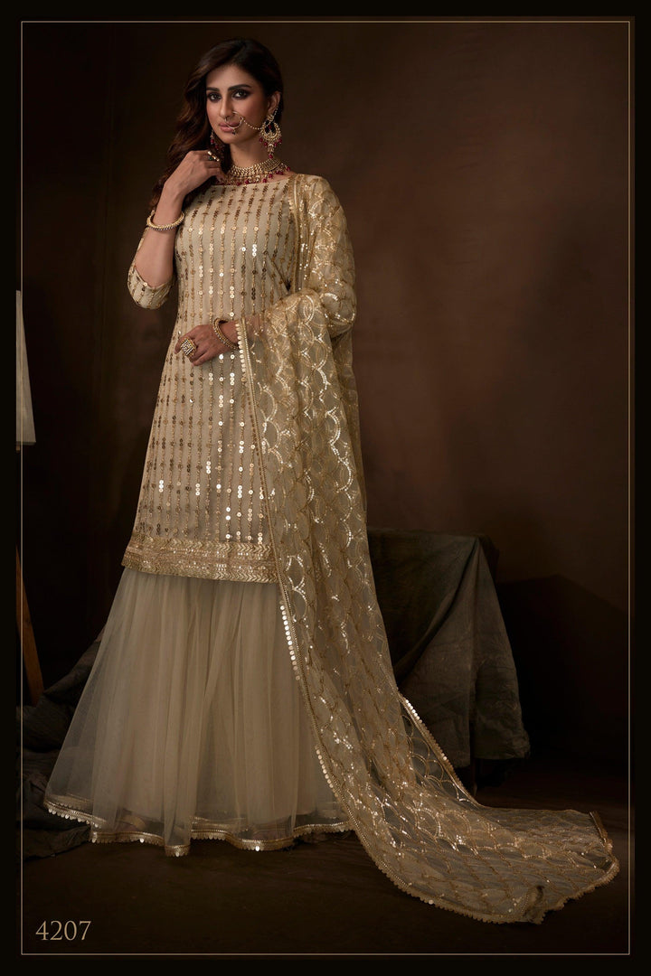 Sangeet Special Beige Golden Net Attractive Sharara Suit - Fashion Nation