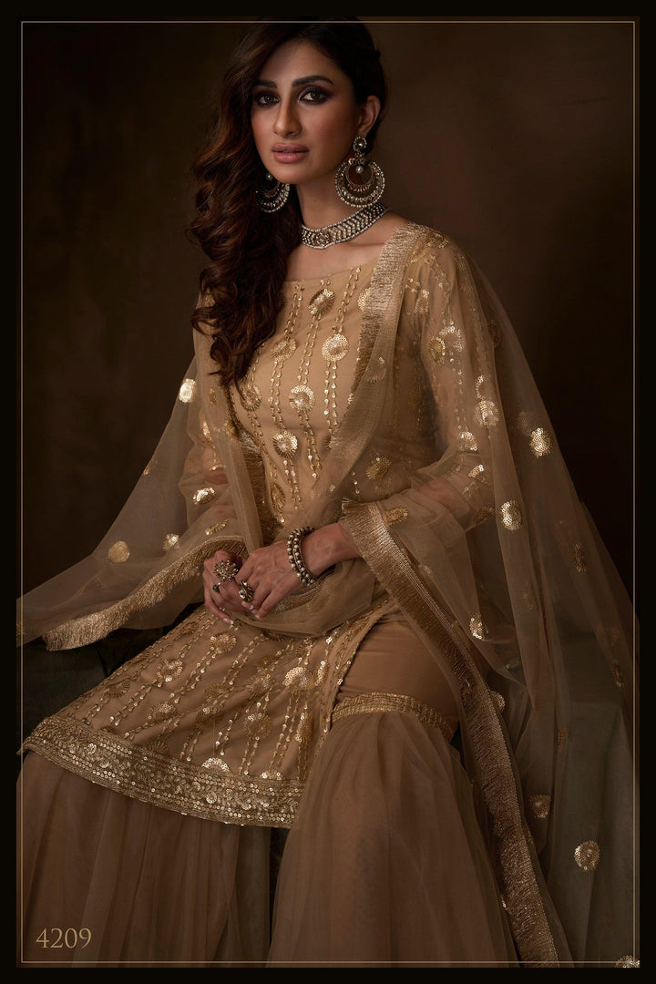 Celebrations Special Beige Net Festival Wear Sharara Suit - Fashion Nation