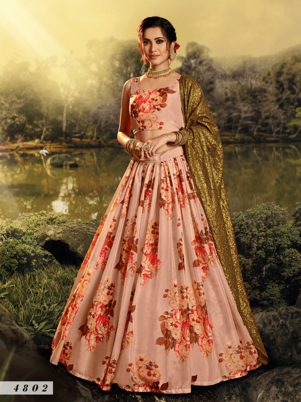 Mehndi Special Peach Multicoloured Organza Floral Designer Lehenga - Fashion Nation