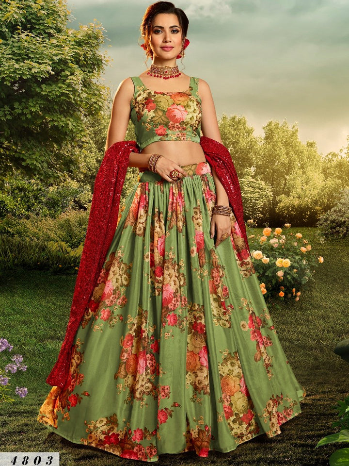 Celebrations Special Green Multicoloured Organza Floral Party Lehenga - Fashion Nation