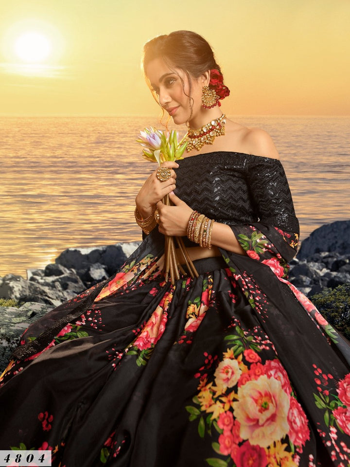 Evening Wear Black Multicoloured Organza Floral Party Lehenga - Fashion Nation