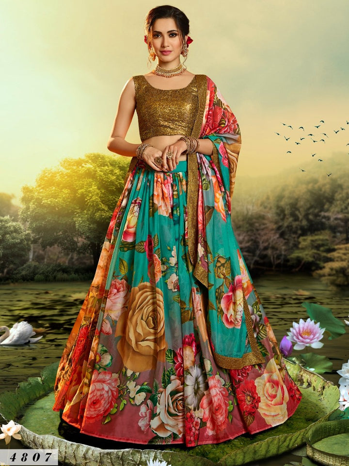 Cocktail Party Wear Multicoloured Organza Digital Print Pretty Lehenga - Fashion Nation