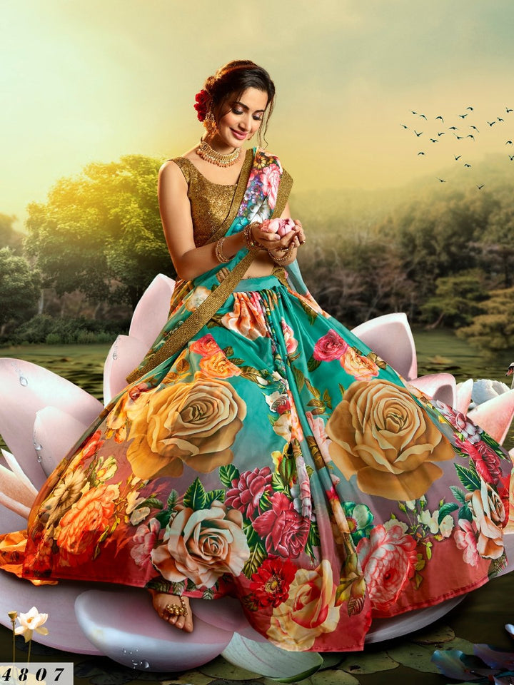 Cocktail Party Wear Multicoloured Organza Digital Print Pretty Lehenga - Fashion Nation