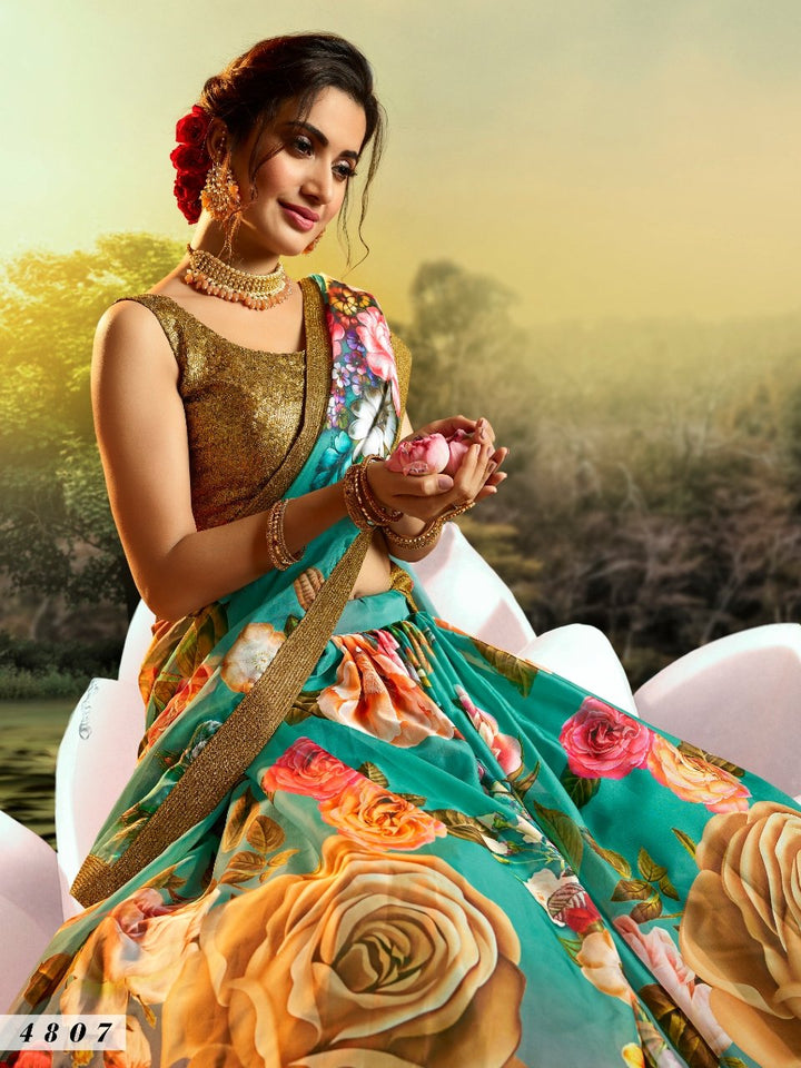 Cocktail Party Wear Multicoloured Organza Digital Print Pretty Lehenga - Fashion Nation