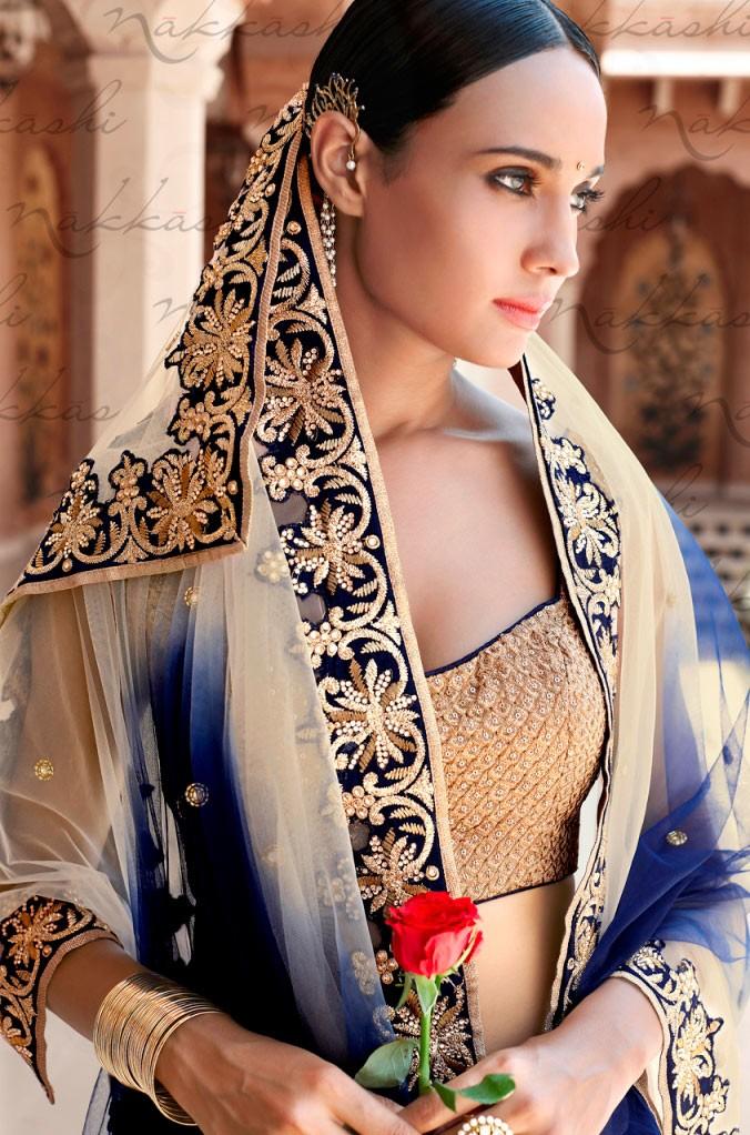 Brilliant Nakkashi NAK5048 Bridal Blue Beige Bhagalpuri Silk Net Lehenga Choli - Fashion Nation