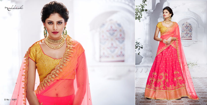 Superb NAK5087 Bridal Pink Yellow Handloom Silk Net Lehenga Choli - Fashion Nation