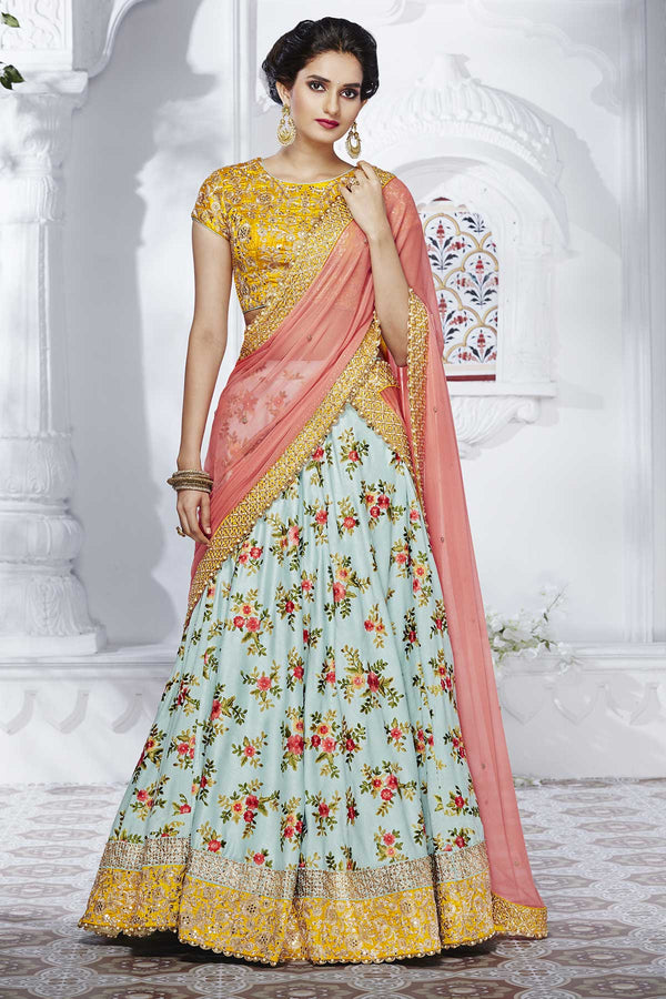 Bridal Blue Peach Yellow Silk Satin Chiffon Lehenga Choli - Fashion Nation