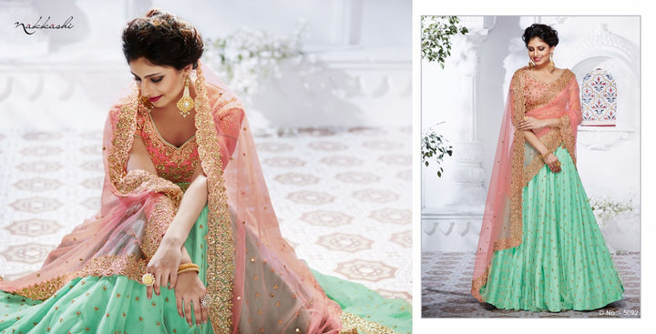 Delicate NAK5092 Bridal Rama Green Peach Net Silk Lehenga Choli - Fashion Nation