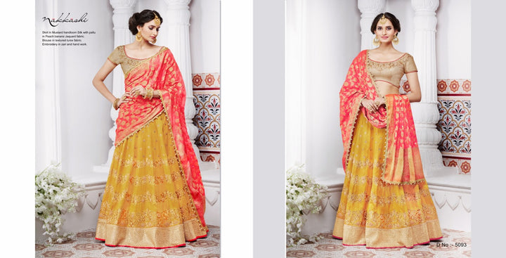 Handcrafted NAK5093 Bridal Yellow Peach Benarasi Silk Jacquard Lehenga Choli - Fashion Nation