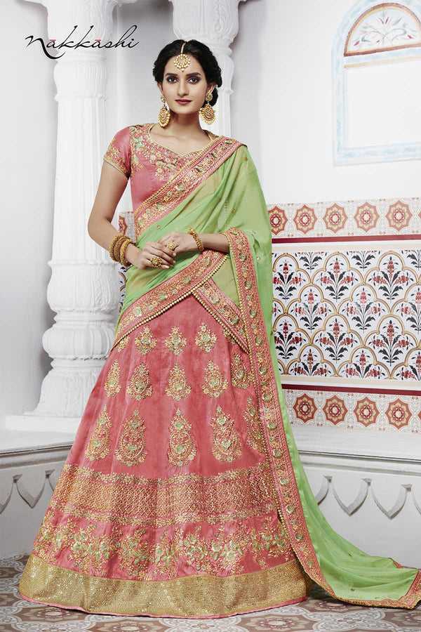 Curated NAK5095 Bridal Peach Handloom Silk Green Satin Chiffon Lehenga Choli - Fashion Nation