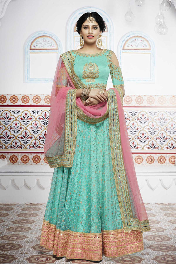 Embroidered NAK5099 Bridal Peach Rama Green Net Silk Lehenga Choli - Fashion Nation