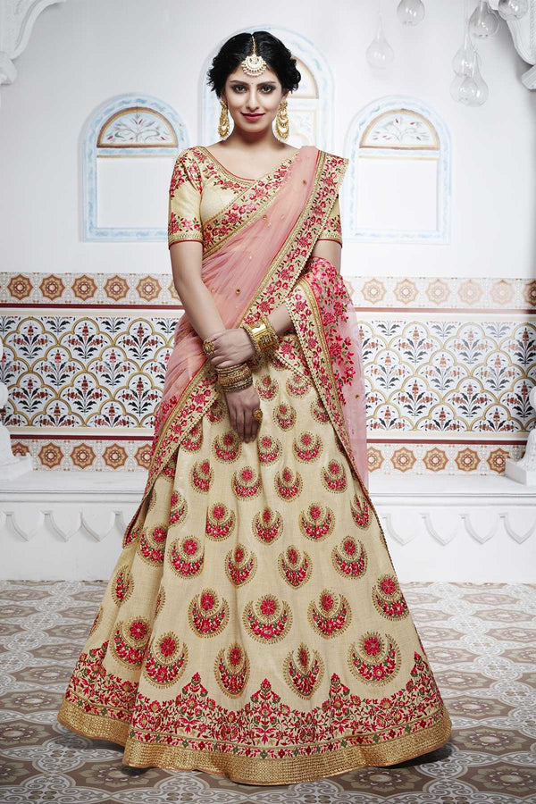 Fashionable NAK5100 Bridal Beige Pink Handloom Silk Net Lehenga Choli - Fashion Nation