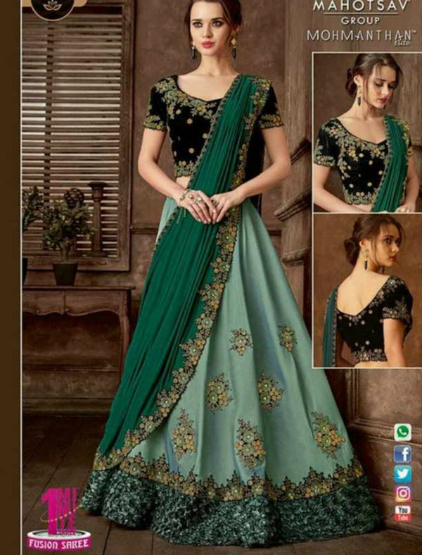 Indo Western MOH5105 Party Wear Green Silk Lycra Saree Gown - Fashion Nation