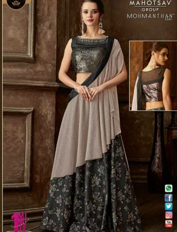 Indo Western MOH5107 Party Wear Grey Silk Lycra Saree Gown - Fashion Nation