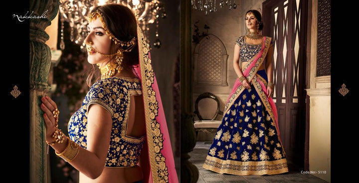 Wedding Special NAK5110 Bridal Navy Blue Pink Velvet Net Lehenga Choli - Fashion Nation