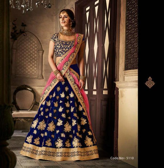 Wedding Special NAK5110 Bridal Navy Blue Pink Velvet Net Lehenga Choli - Fashion Nation