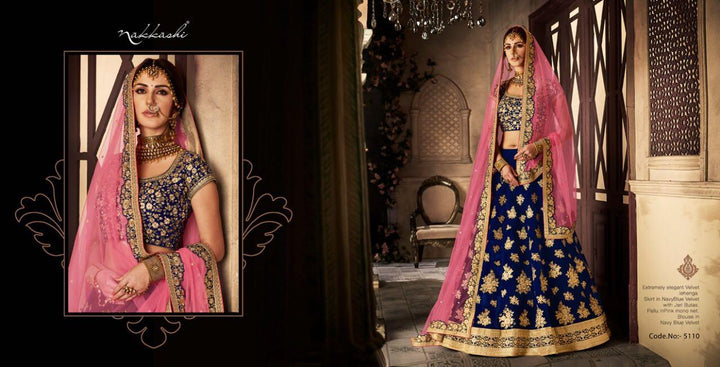 Wedding Special NAK5110 Bridal Navy Blue Pink Velvet Net Lehenga Choli - Fashion Nation