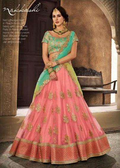 Festive NAK5111 Bridal Rama Green Peach Net Silk Lehenga Choli - Fashion Nation