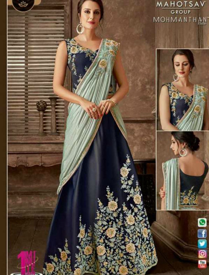 Indo Western MOH5112 Party Wear Blue Grey Silk Lycra Saree Gown - Fashion Nation