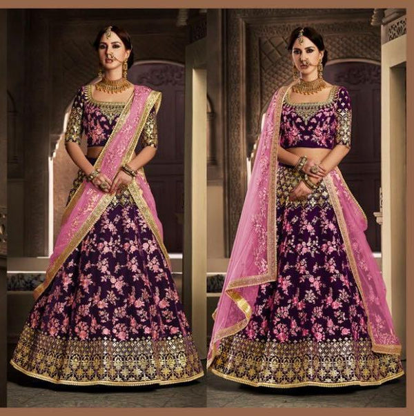 Bridal Pink Magenta Velvet Net Lehenga Choli - Fashion Nation