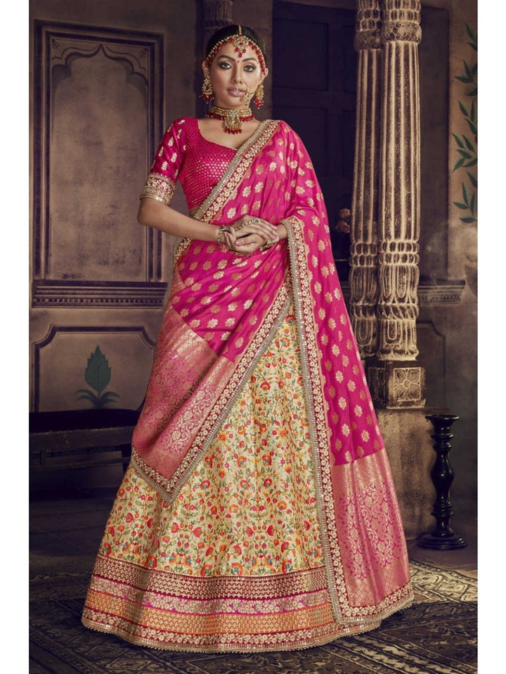 Traditional Nakkashi NAK5146 Bridal Multicoloured Yellow Silk Rani Jacquard Lehenga Choli - Fashion Nation