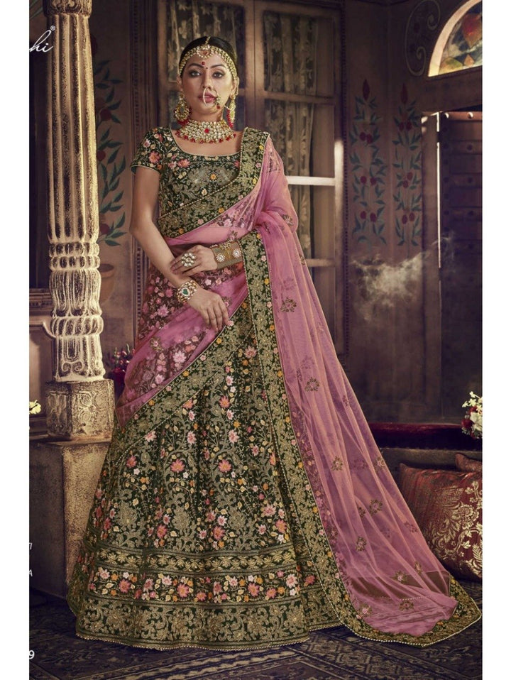 Majestic Nakkashi NAK5149 Bridal Green Velvet Pink Net Lehenga Choli - Fashion Nation