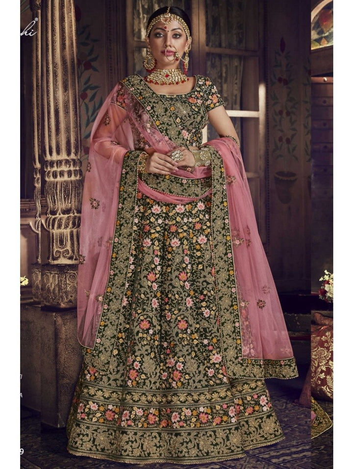 Majestic Nakkashi NAK5149 Bridal Green Velvet Pink Net Lehenga Choli - Fashion Nation